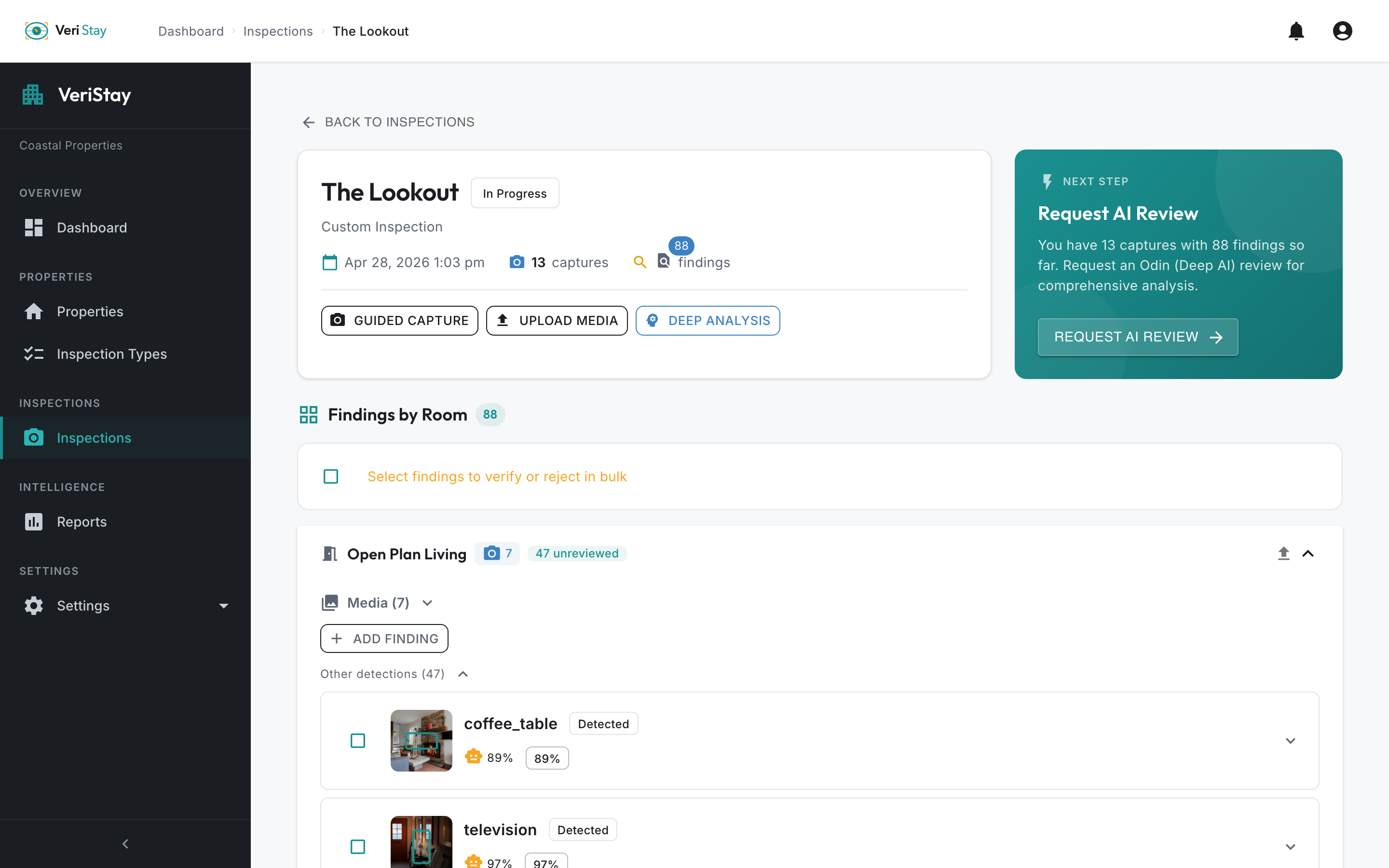 VeriStay inspection detail showing room-by-room captures and AI findings