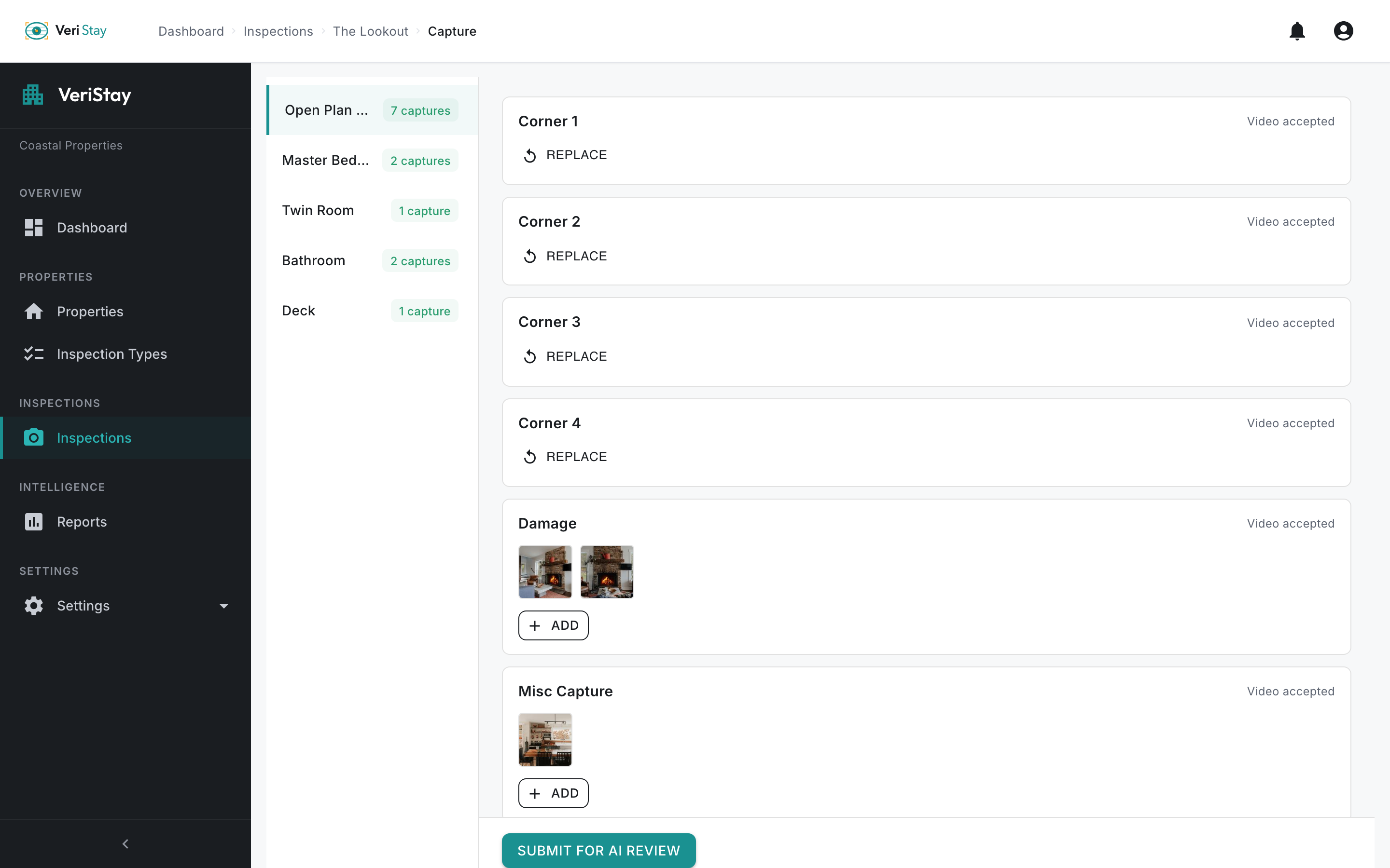 VeriStay guided capture workflow with AI review submission