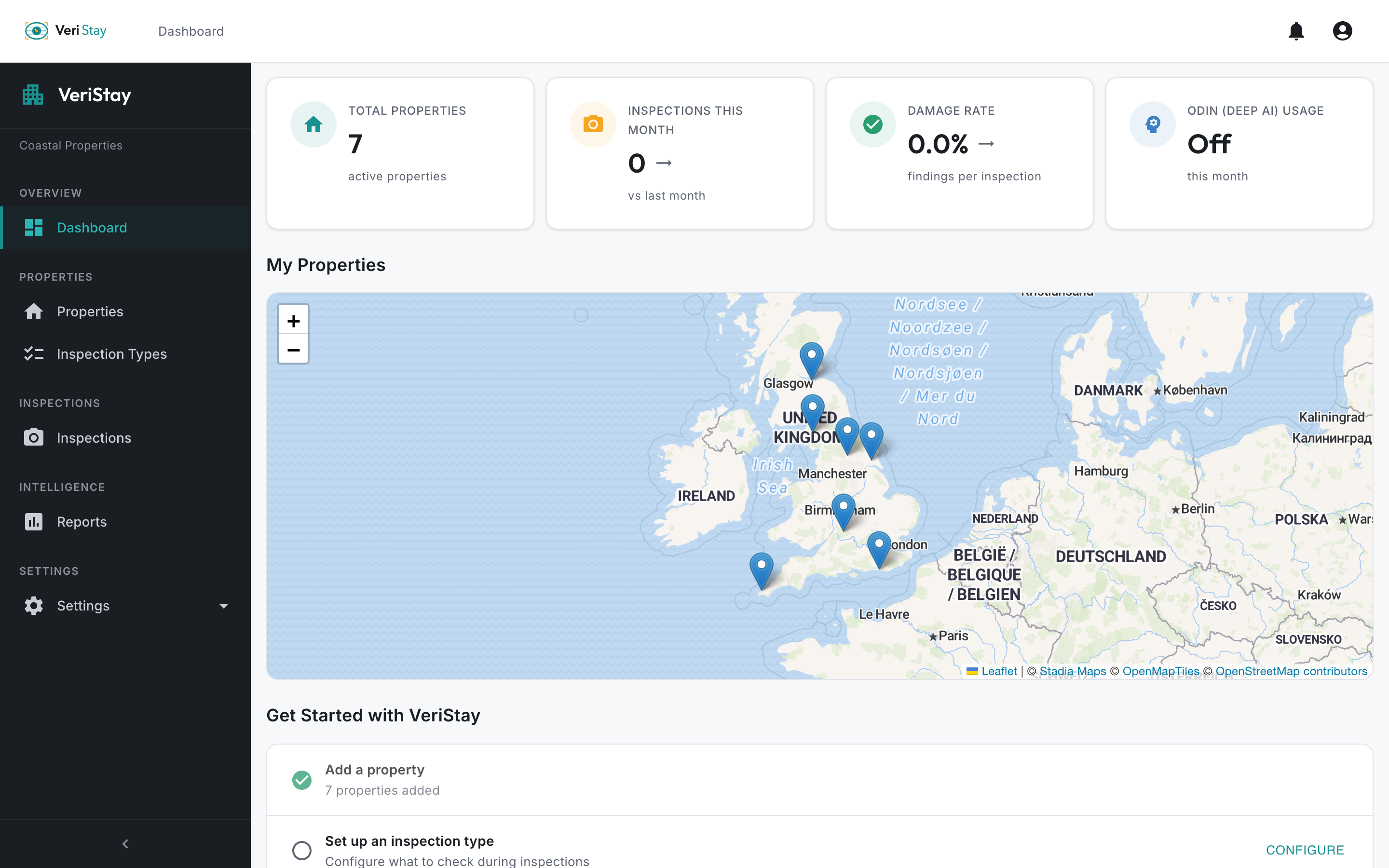 VeriStay dashboard with stats, map, and onboarding progress