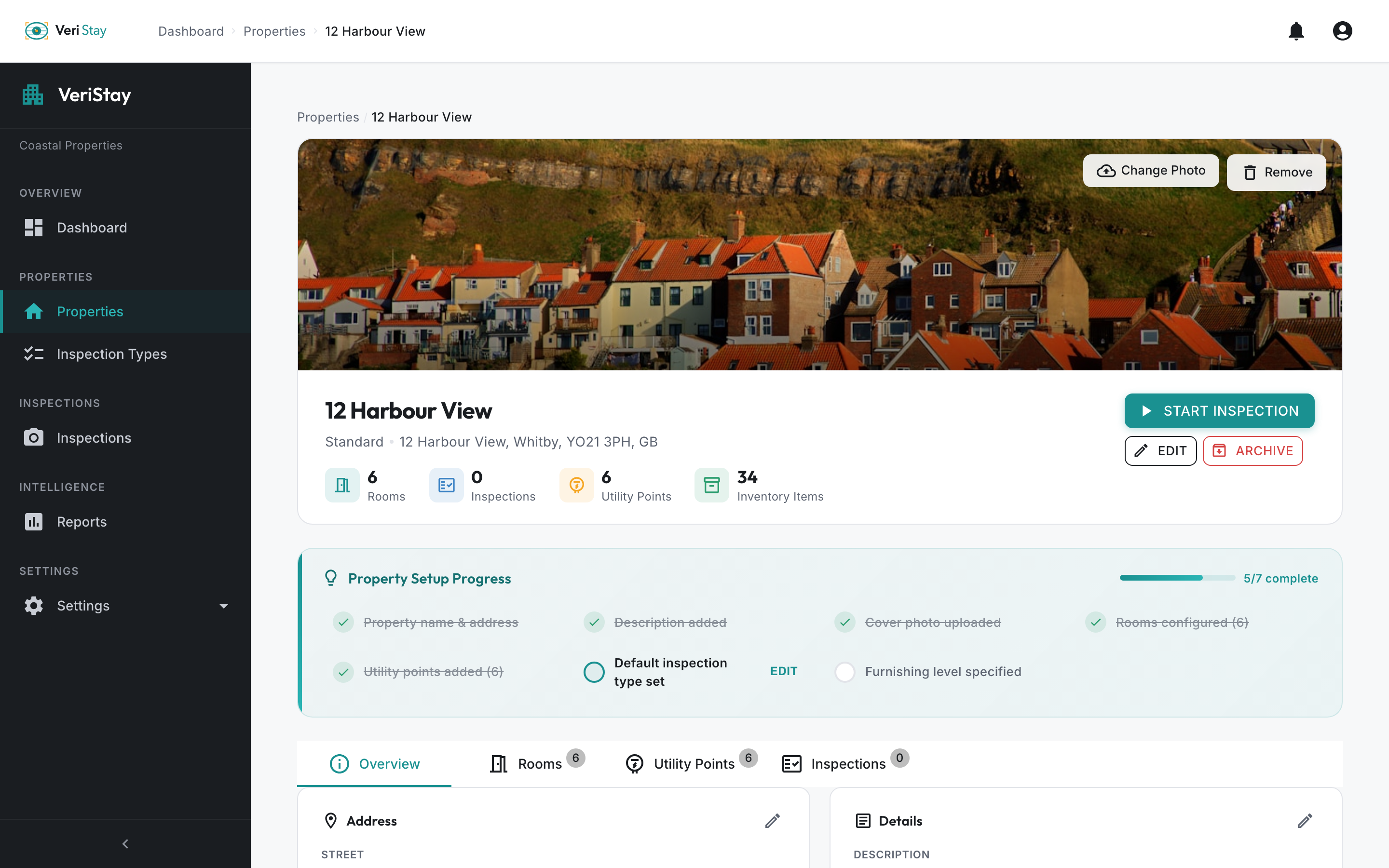 VeriStay property detail showing cover photo, room count, inventory items, and inspection actions