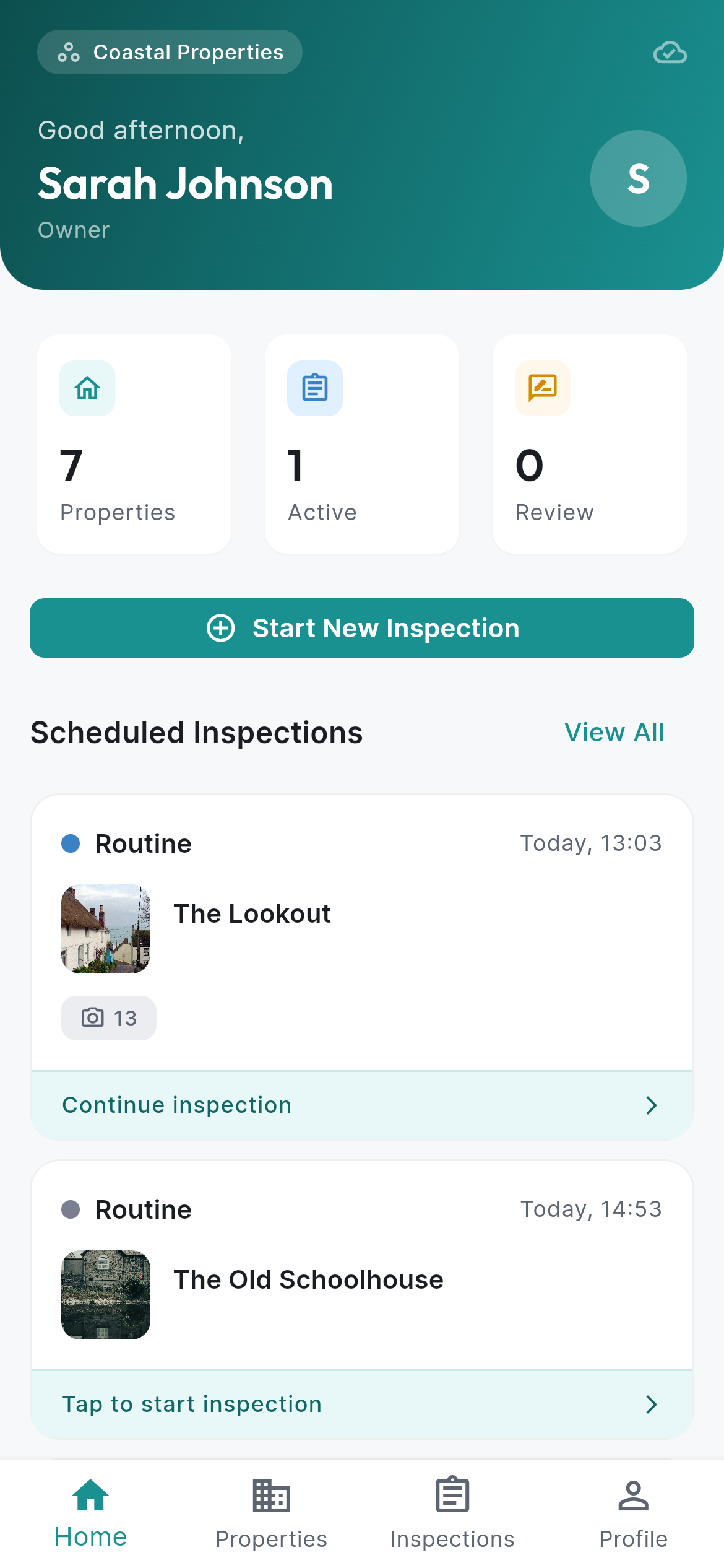 VeriStay mobile app showing inspection list and property stats
