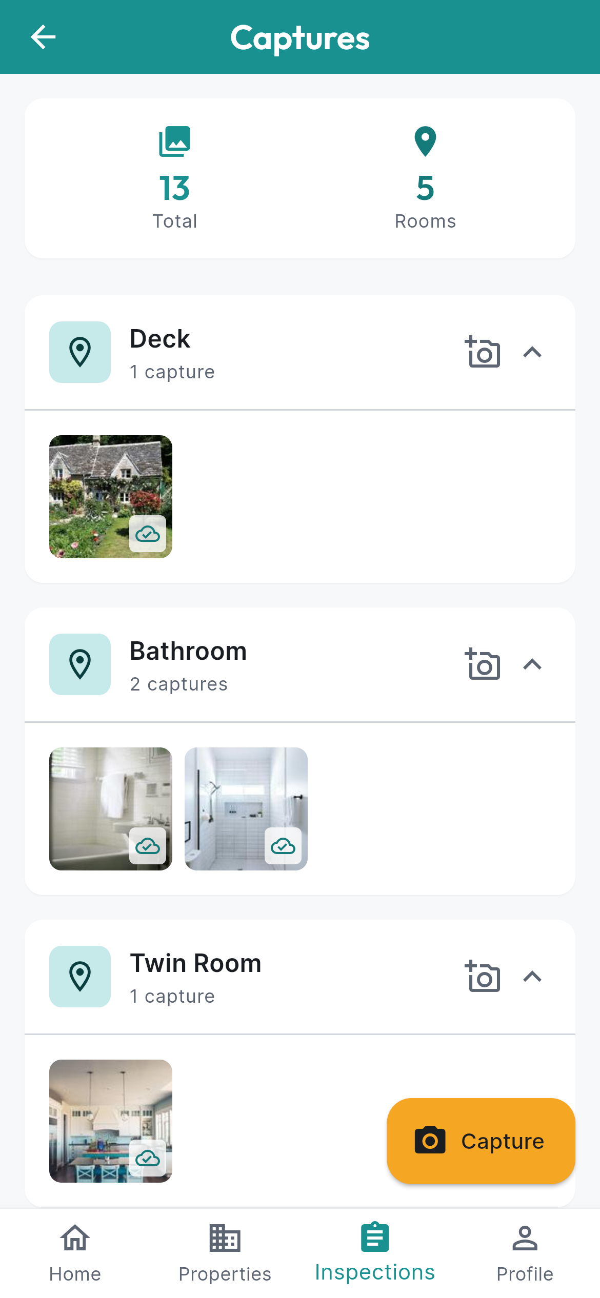 VeriStay mobile app showing room-by-room photo captures